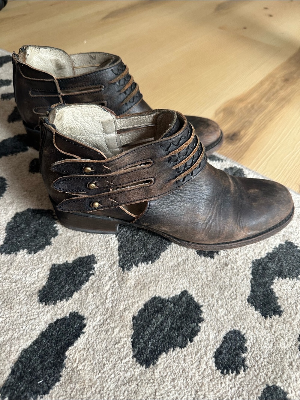 Freebird by Stephen SLAY distressed leather ankle bootie braided strap, bronze